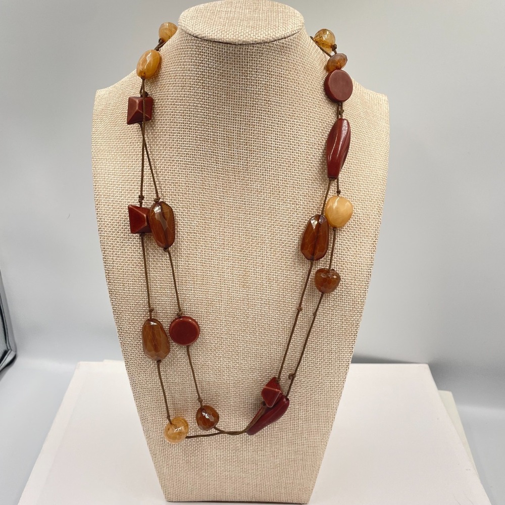 Vintage Chunky Boho Statement Necklace Multi Strand Earth Tone Resin Beads 24"